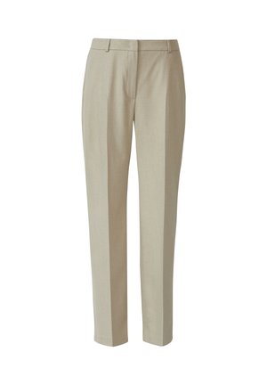Beige maßgeschneiderte Hose mit geradem Schnitt. Verfügt über einen flachen Bund, klassischen Taillenbund und subtile Textur. Keine sichtbaren Taschen oder Verzierungen.