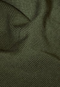Knitted fabric in dark olive green, textured with a fine, grid-like pattern, featuring soft fibers that create a warm, cozy appearance.