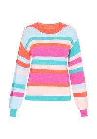 Maglione a righe colorato con maniche ampie e scollatura tonda. Realizzato in morbido tessuto a maglia con bande alternate di rosa, blu e arancione.