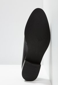 Semelle d'une chaussure habillée en cuir noir avec un motif de grip texturé, positionnée à la verticale contre une surface blanche.