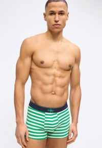 Μυώδης άνδρας που φοράει πράσινα και λευκά ριγωτά μπόξερ με μπλε σκούρα μέση και λογότυπο Calvin Klein, στέκεται μπροστά σε λευκό φόντο.