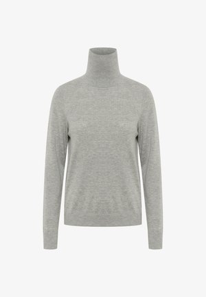 Light grey turtleneck sweater, long sleeves, ribbed collar and cuffs, soft knit texture, minimalist design with no patterns or accents.