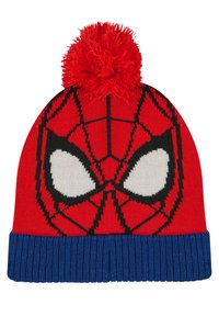 Red knitted beanie featuring a Spider-Man design, black and white accents, with a blue ribbed cuff and a red pom-pom on top.