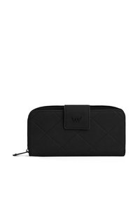 Black quilted wallet with a smooth texture, zip closure, and a snap button. Features embossed logo on the front and a rectangular shape.