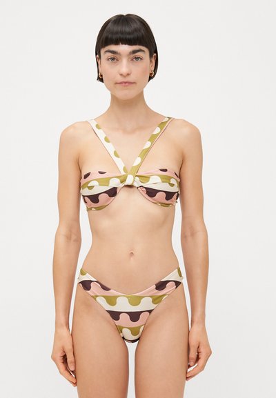 Bikini set with a knotted, patterned top featuring pink, green, and brown wavy shapes. The bottom has a low-rise, V-shaped cut.