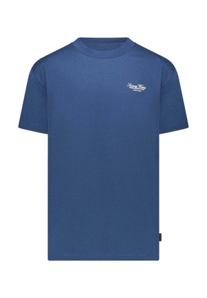 Effen blauw T-shirt met korte mouwen en een ronde hals, met een klein wit tekstlogo op de bovenste linkerborst dat 'Sunny Waves Collective' vermeldt.