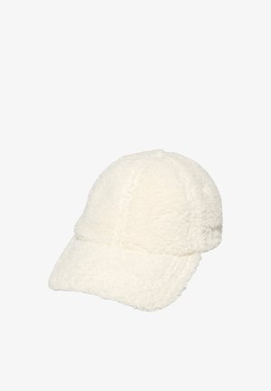 Casquette en polaire blanche avec une conception structurée, comprenant une couronne arrondie et une visière. La texture est douce et duveteuse, avec des détails de couture subtils.