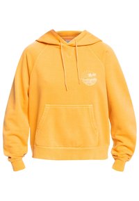 Sudadera amarilla con un bolsillo canguro, puños y dobladillo acanalados, capucha con cordón, y un gráfico blanco de una puesta de sol con palmeras en el pecho.
