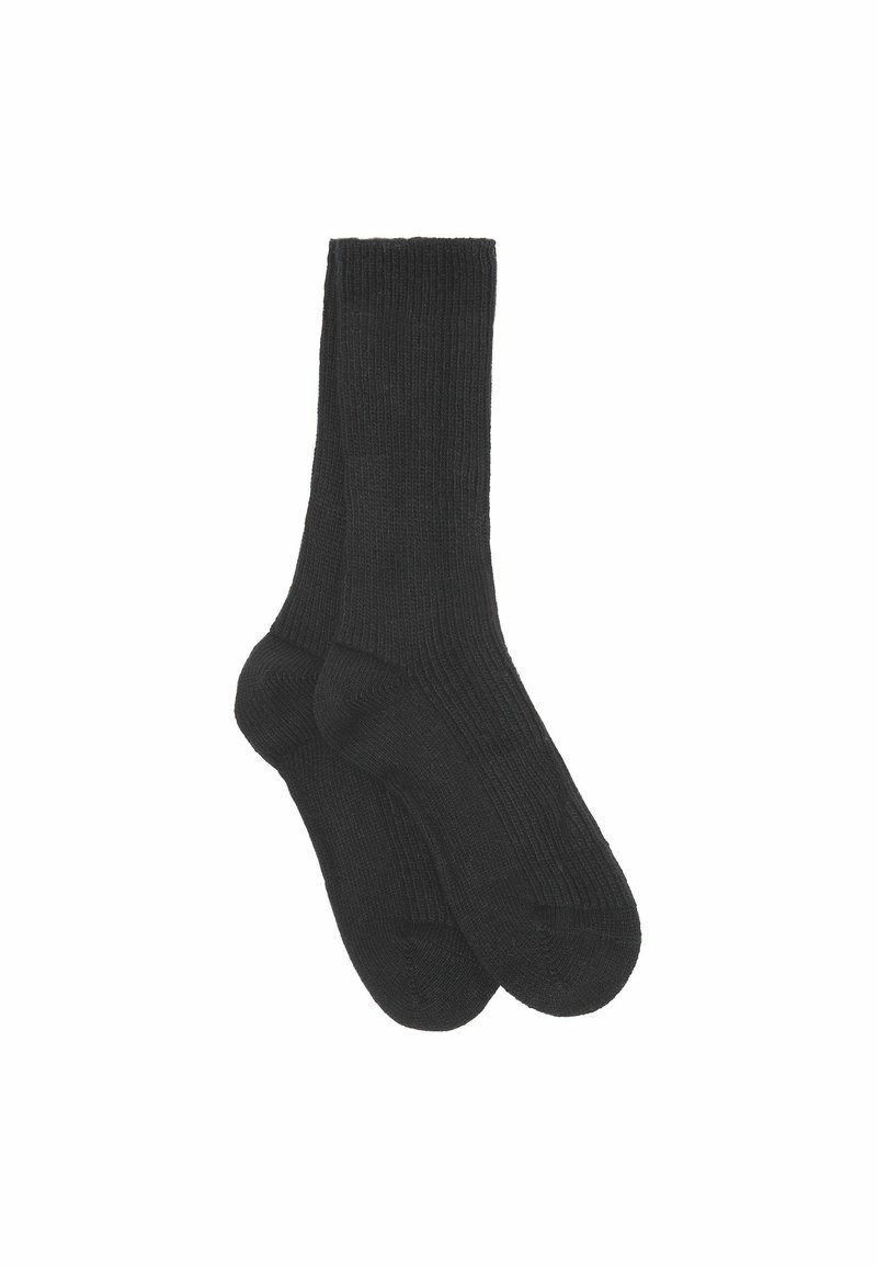 Svarta ribbade strumpor med mjuk textur, med förstärkt tå och häl. Designen har en klassisk ankel-längd.