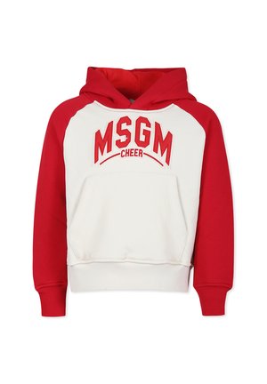 Felpa con cappuccio con maniche in jersey rosso e corpo in tessuto bianco. Presenta una tasca frontale e la scritta "MSGM CHEER" ricamata sul petto.