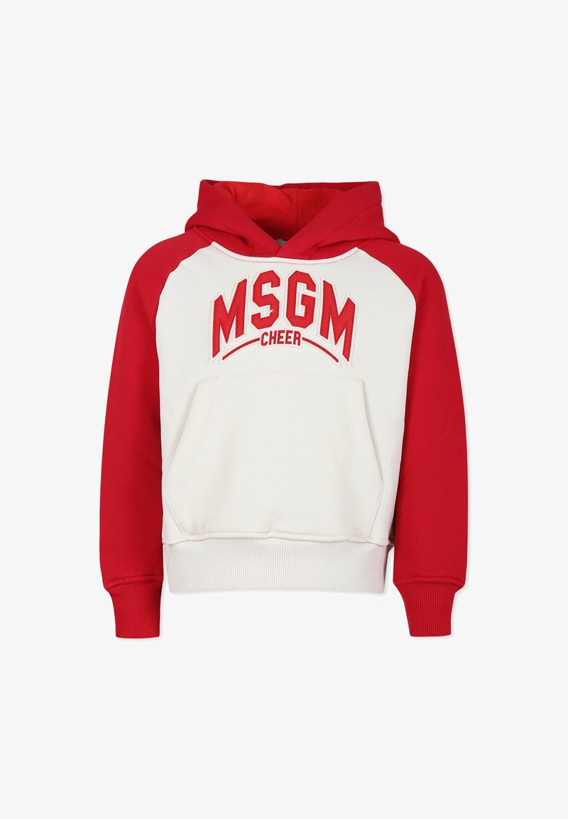 Felpa con cappuccio con maniche in jersey rosso e corpo in tessuto bianco. Presenta una tasca frontale e la scritta "MSGM CHEER" ricamata sul petto.