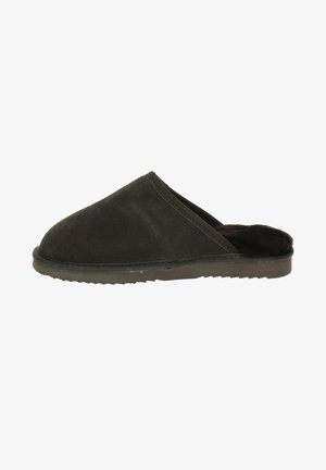 Black suede slip-on slipper with a rounded toe, soft interior lining, and a textured rubber sole for traction. No visible hardware or accents.