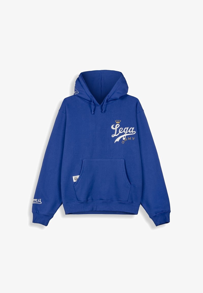 Blauer Hoodie mit einem großen weißen "Lega"-Logo und Kronen-Design, mit einer vorderen Kängurutasche und gerippten Bündchen. Aus Baumwollmaterial.