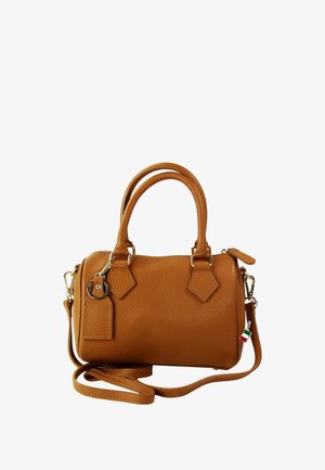 Brown leather handbag with textured finish, rounded shape, top handles, detachable shoulder strap, and gold-tone hardware accents.
