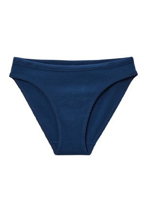 Sous-vêtement bikini en coton bleu marine avec ceinture élastique et ouvertures pour les jambes, présenté sur fond blanc.