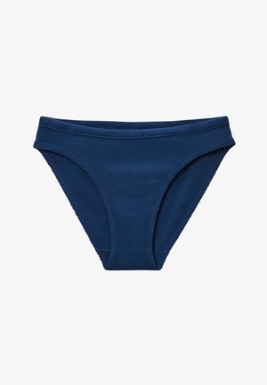 Sous-vêtement bikini en coton bleu marine avec ceinture élastique et ouvertures pour les jambes, présenté sur fond blanc.