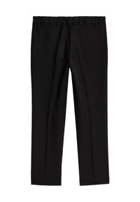 Zwarte formele broek met rechte benen, riemlussen en persplooien, plat gelegd tegen een witte achtergrond.