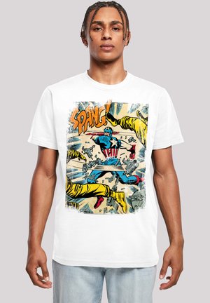 White cotton t-shirt featuring a comic-style graphic with blue, yellow, and red elements, depicting action and the word "SPANG!" prominently.
