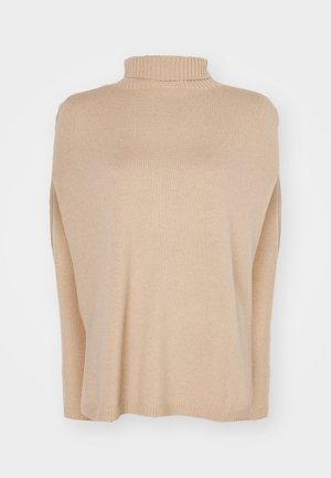 Beige strikket turtlenecktrøje med lange ærmer og ribbet krave, manchetter og kant, fremvist på en ensfarvet baggrund.