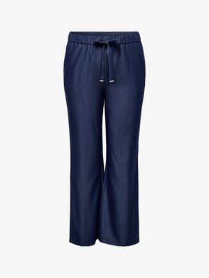 Pantalones de pierna ancha en azul marino con cinturilla elástica y cordón delantero, hechos de tela suave.