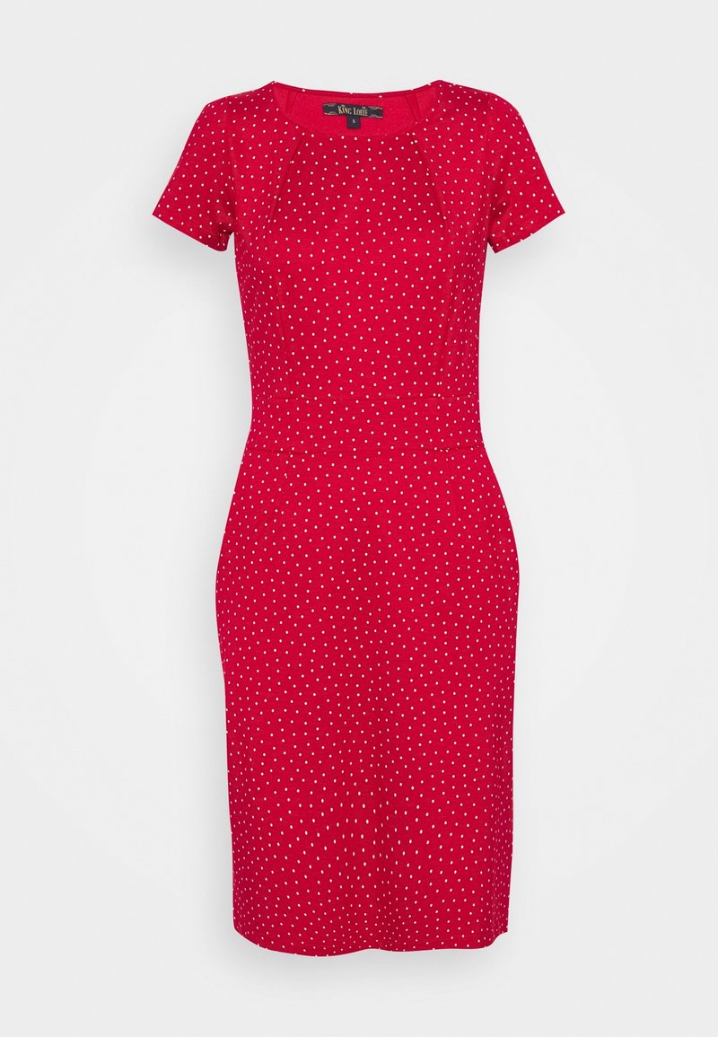 Robe rouge à manches courtes, design ajusté, motif à pois blancs, longueur genou. Fabriquée en tissu lisse ; elle possède un col rond.