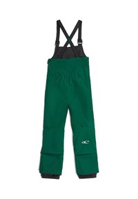 Pantalones de nieve impermeables verdes con tirantes negros ajustables, diseño sencillo, bolsillos con cremallera y dobladillos ajustados para aislamiento y protección.
