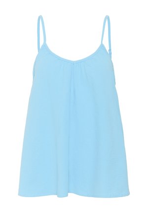 Svetlo modrý, bezrukávový top s tenkými ramienkami. Mäkka textúra a voľný strih, s nariaseným dizajnom na výstrihu. Žiadny viditeľný kovový detail.