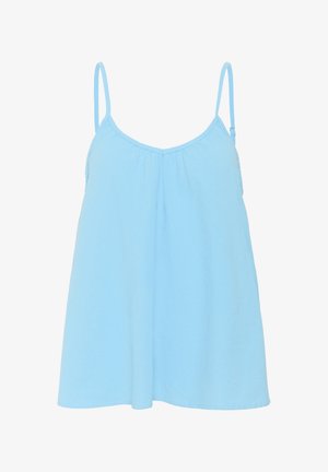 Vaaleansininen, hihaton paita ohuilla olkaimilla. Pehmeä tekstuuri ja ekstralomitto, jossa on rypytetty muotoilu kaula-aukossa. Ei näkyvää metalliosaa.