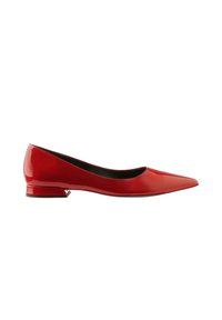 Red patent leather ballet flats with a pointed toe and a low block heel. Smooth texture and simple design without additional adornments.