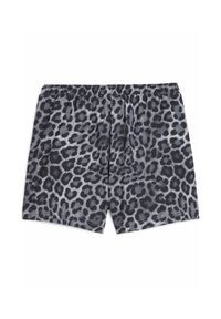 Zwarte en grijze boxershorts met luipaardprint, voorzien van een elastische tailleband en een gladde textuur. Heeft een gedurfde vlekkenpatroon over de stof.