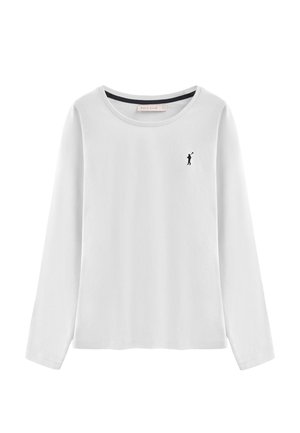 Camisa blanca de manga larga hecha de algodón. Presenta un cuello redondo y un pequeño logotipo negro en la zona izquierda del pecho. Textura suave.