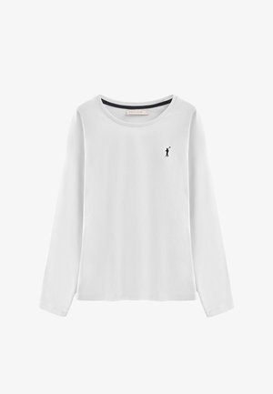 Camicia bianca a maniche lunghe in cotone. Caratterizzata da un colletto tondo e un piccolo logo nero sulla parte sinistra del petto. Tessuto morbido.