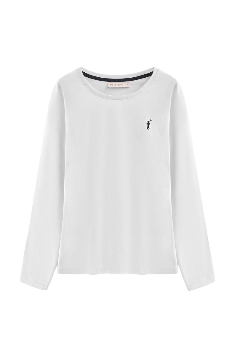 Weißes Langarmshirt aus Baumwolle. Hat einen runden Halsausschnitt und ein kleines schwarzes Logo auf der linken Brustseite. Weicher Stoff.