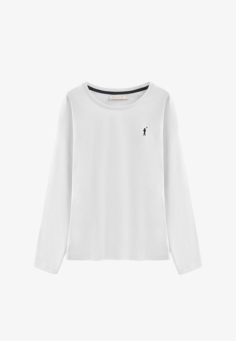 Weißes Langarmshirt aus Baumwolle. Hat einen runden Halsausschnitt und ein kleines schwarzes Logo auf der linken Brustseite. Weicher Stoff.