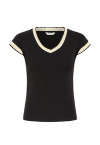 Tricou scurt negru cu mânecă scurtă și decolteu în V, având o margine de contrast crem de-a lungul gulerului și mânecilor. Material din bumbac moale.