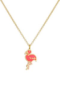 Gul kædannelse med en pink flamingo vedhæng med konturerede detaljer, der viser en enkelt benstilling og et næb.