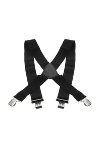 Bretelles en tissu noir en forme de 'X' avec des clips métalliques en argent aux extrémités et un connecteur triangulaire en cuir au centre.