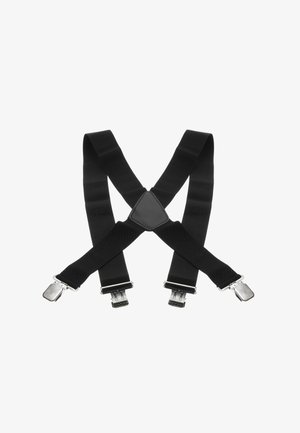 Bretelle di stoffa nera a forma di 'X' con clip metalliche argentate alle estremità e un connettore triangolare in pelle al centro.
