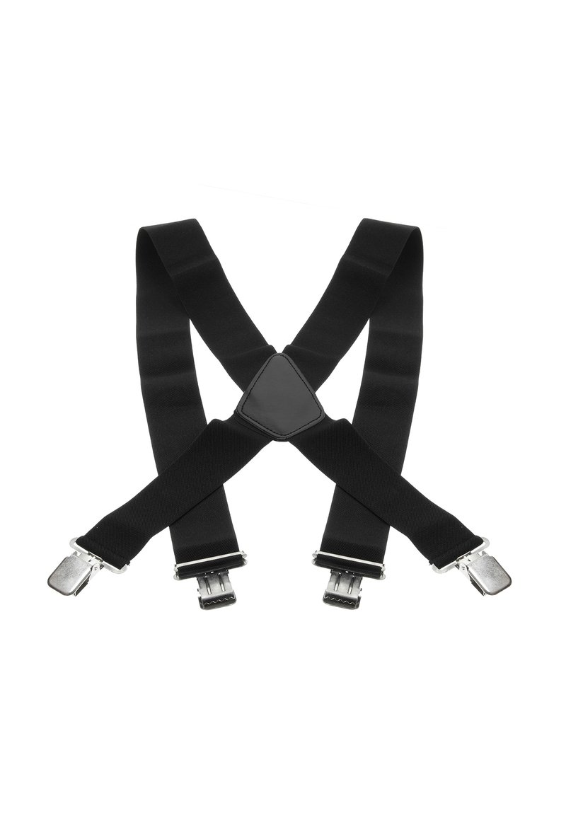 Bretelles en tissu noir en forme de 'X' avec des clips métalliques en argent aux extrémités et un connecteur triangulaire en cuir au centre.