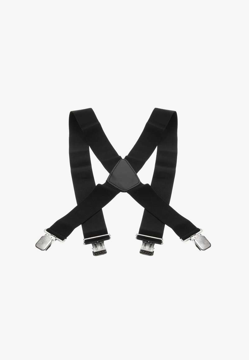 Bretelles en tissu noir en forme de 'X' avec des clips métalliques en argent aux extrémités et un connecteur triangulaire en cuir au centre.