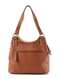 Borsa tote in pelle marrone con cima arrotondata, doppie tracolle, tasca frontale con zip e dettagli gialli lungo i lati. Texture liscia.
