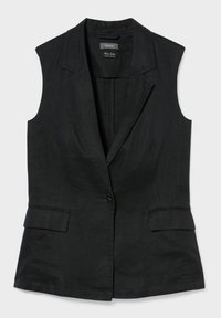 Gilet nero senza maniche realizzato in lino, con collo a revers, chiusura con un bottone e due tasche frontali per un aspetto sartoriale.