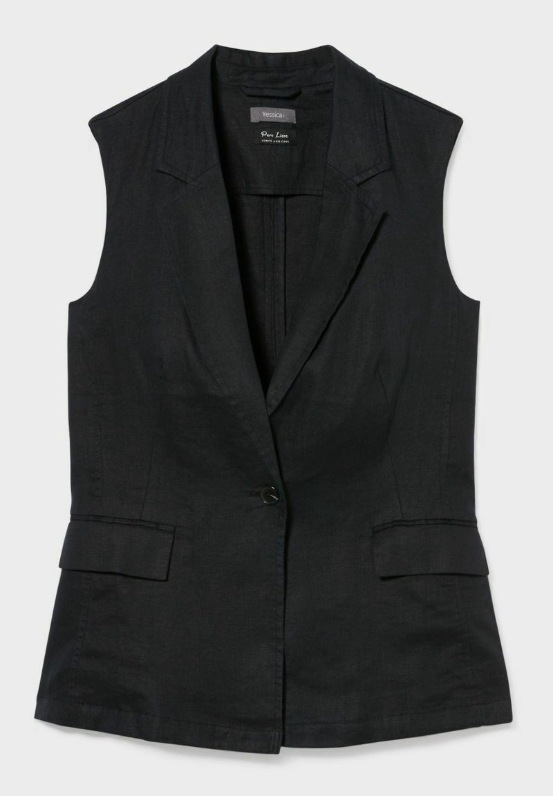 Gilet nero senza maniche realizzato in lino, con collo a revers, chiusura con un bottone e due tasche frontali per un aspetto sartoriale.