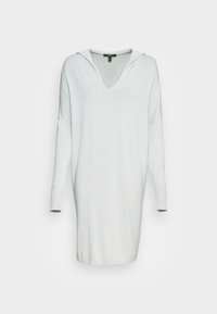 Vestido de moletom branco com capuz, decote em V, mangas longas e punhos canelados. Textura suave, corte confortável e design casual para um uso confortável.