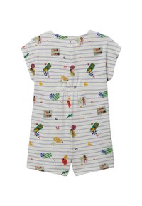 Combinaison à manches courtes en coton léger avec des rayures horizontales bleu et blanc, présentant des motifs colorés inspirés de l'été et une taille élastique.