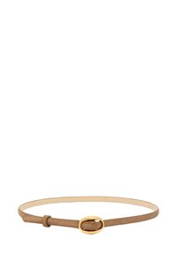 Kapea vaalea nahkahihna, jossa on sileä pinta ja ovaali kultainen solki, sekä hillitty ompeluasiat reunoilla.