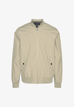 Sveto bež bomberska jakna z zipperjem na sprednji strani, okroglim ovratnikom, dvema stranskima žepoma s črnimi gumbi ter rebrastimi manšeti in spodnjim robom.