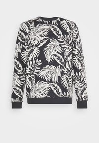 Sudadera negra con un patrón de hojas de palmera blancas, puños y dobladillo acanalados, diseño de cuello redondo, textura de tela suave.