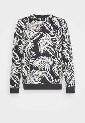 Sudadera negra con un patrón de hojas de palmera blancas, puños y dobladillo acanalados, diseño de cuello redondo, textura de tela suave.