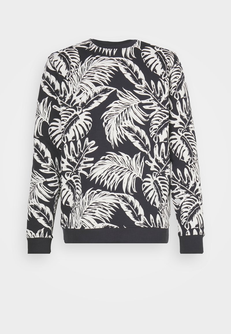 Sudadera negra con un patrón de hojas de palmera blancas, puños y dobladillo acanalados, diseño de cuello redondo, textura de tela suave.